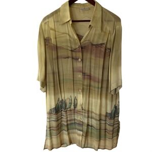 Dorisstreich Scenic Landscape Print Button Down Shirt‎ Green Mauve Size 46 Lagen